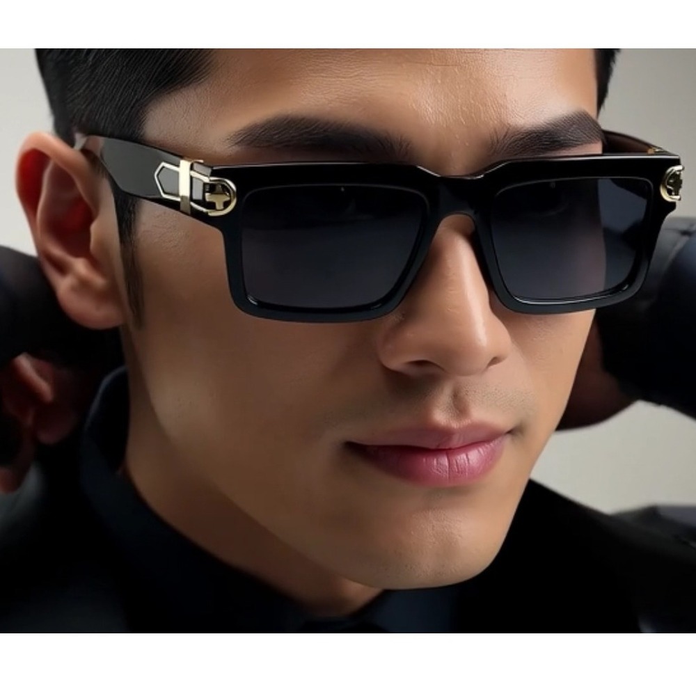 Men's Black Square Sunglasses Gold Accent Detail Dark Lenses Eyewear Cholo Shade